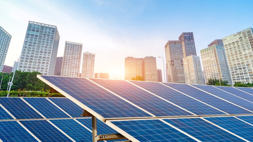 Solar panels in a cityscape