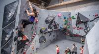 People climbing a wall in a climbing Gym