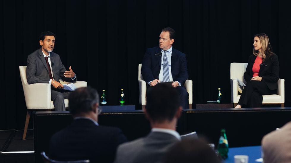 Pictured (L to R): Joti Rana, head of governance and policy, Americas, LSEG; Ronald Bohlert, director – real estate, NYSE (moderator); and Alexa Marymor, senior manager, NYSE. Photo credit: Maria Wurtz